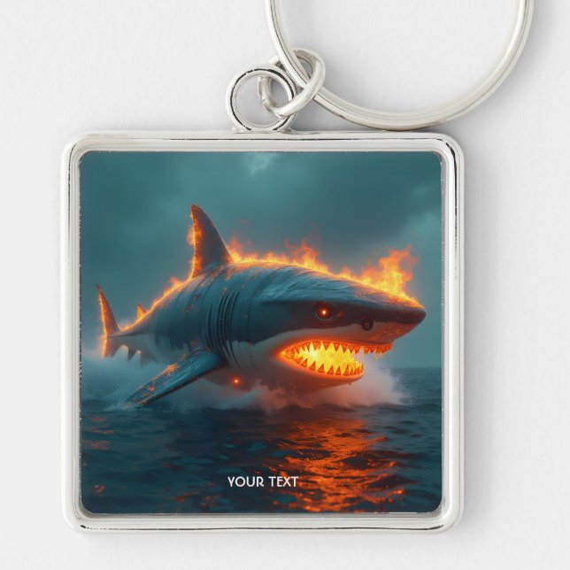 Fantasy Cute Fire Shark Sea Fyrkantig Silverfärgad Nyckelring (Framsidan)