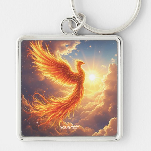 Fantasy Cute Flaming Phoenix Rises Fyrkantig Silverfärgad Nyckelring (Framsidan)