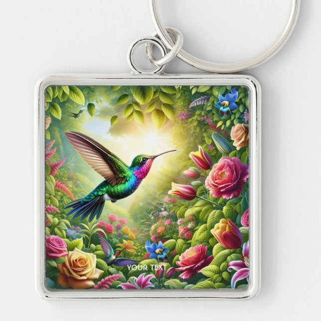 Fantasy Cute Flowers Rainbow Hummingbird Fyrkantig Silverfärgad Nyckelring (Framsidan)