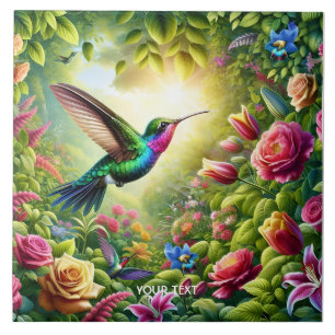 Fantasy Cute Flowers Rainbow Hummingbird Kakelplatta