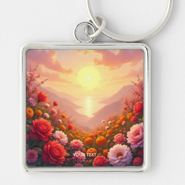 Fantasy Cute Flowers Sunset Fyrkantig Silverfärgad Nyckelring (Framsidan)