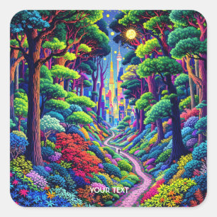 Fantasy Cute Forest and City Fyrkantigt Klistermärke