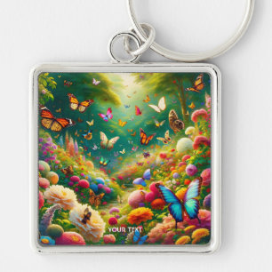 Fantasy Cute Forest Flowers Butterflies Fyrkantig Silverfärgad Nyckelring