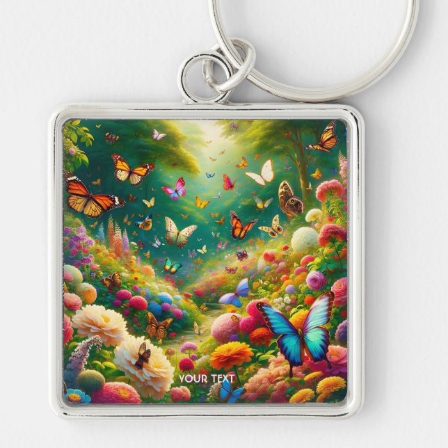 Fantasy Cute Forest Flowers Butterflies Fyrkantig Silverfärgad Nyckelring (Framsidan)