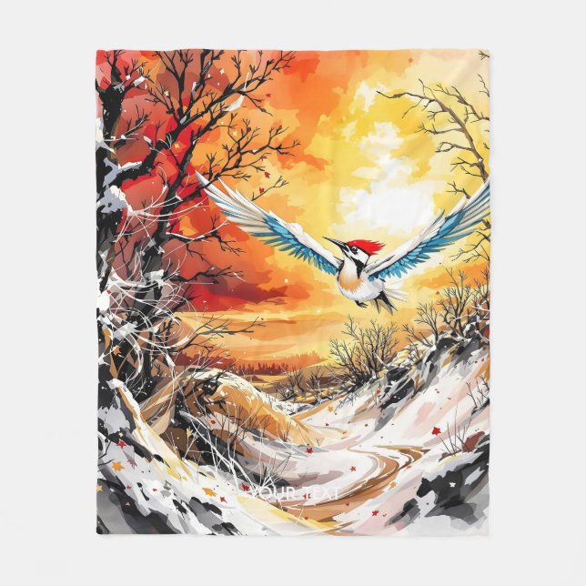 Fantasy Cute Forest Woodpecker Sunset Fleecefilt (Framsidan)