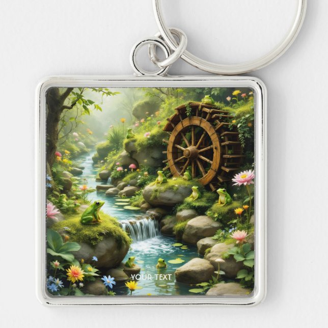 Fantasy Cute Frog Forest Fyrkantig Silverfärgad Nyckelring (Framsidan)