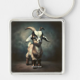 Fantasy Cute Funny Baby Goat Fyrkantig Silverfärgad Nyckelring