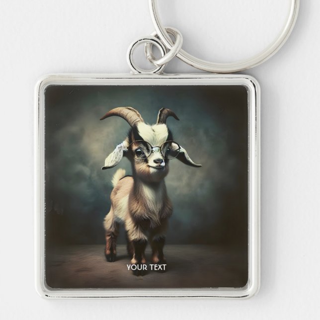 Fantasy Cute Funny Baby Goat Fyrkantig Silverfärgad Nyckelring (Framsidan)