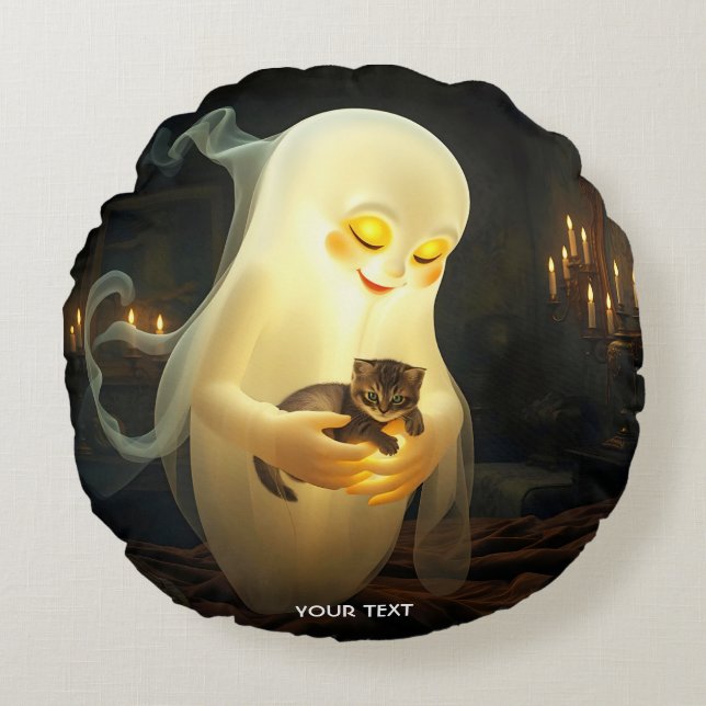 Fantasy Cute Ghost Kitten Candles Rund Kudde (Framsidan)