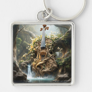 Fantasy Cute Giant Violin Forest Fyrkantig Silverfärgad Nyckelring