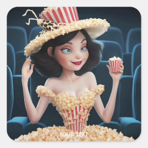 Fantasy Cute Girl Cinema Popcorn Fyrkantigt Klistermärke