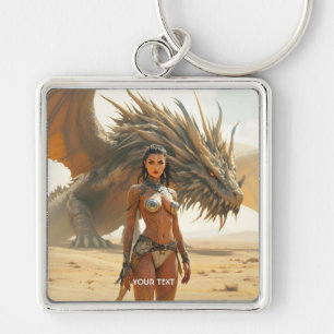 Fantasy Cute Girl Dragon Desert Fyrkantig Silverfärgad Nyckelring