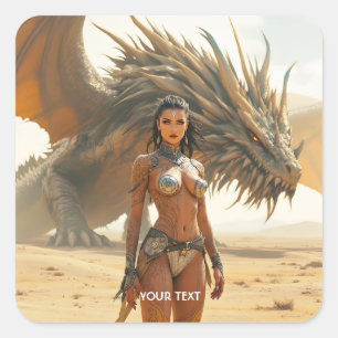 Fantasy Cute Girl Dragon Desert Fyrkantigt Klistermärke