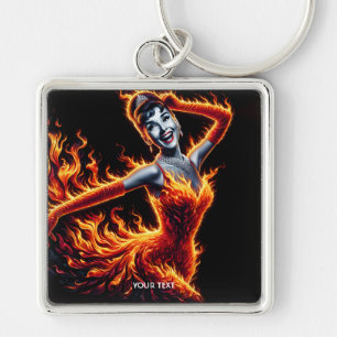 Fantasy Cute Girl Fire Dress Fyrkantig Silverfärgad Nyckelring