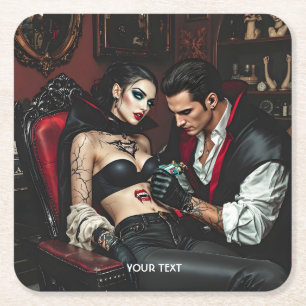 Fantasy Cute Girl Man Tattoo Underlägg Papper Kvadrat