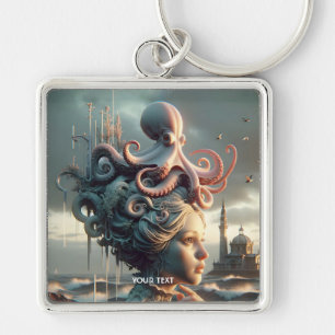 Fantasy Cute Girl Octopus Sea Fyrkantig Silverfärgad Nyckelring