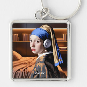 Fantasy Cute Girl Pearl-hörlurar Fyrkantig Silverfärgad Nyckelring