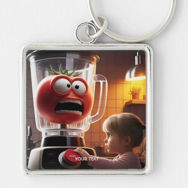 Fantasy Cute Girl Tomato Blender Fyrkantig Silverfärgad Nyckelring (Framsidan)