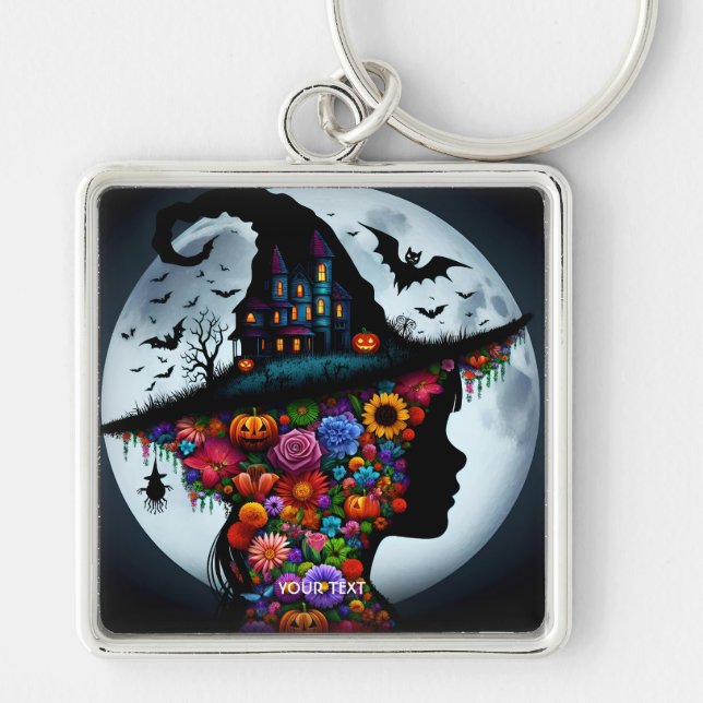 Fantasy Cute Girl Witch Halloween Fyrkantig Silverfärgad Nyckelring (Framsidan)