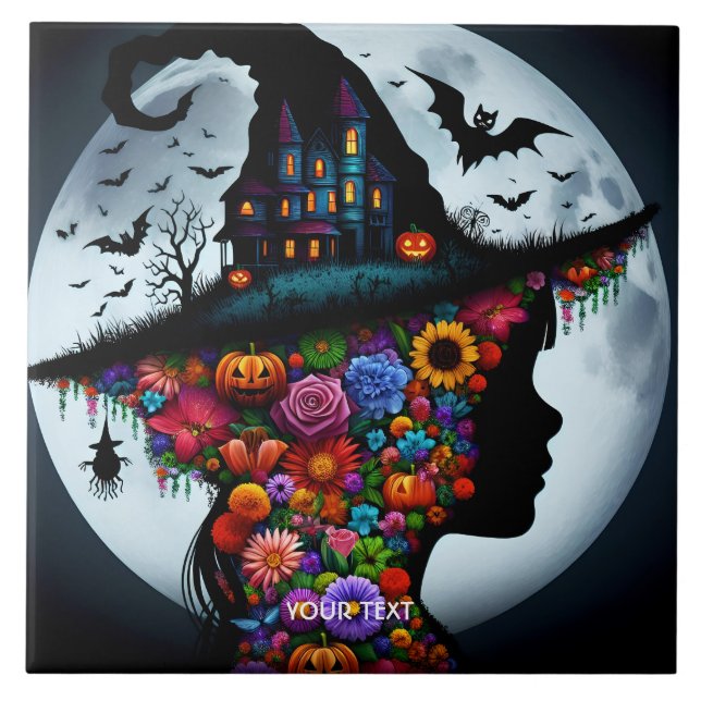 Fantasy Cute Girl Witch Halloween Kakelplatta (Framsidan)