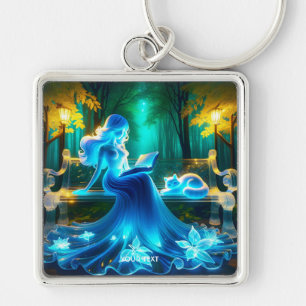 Fantasy Cute Glass Girl Cat Fyrkantig Silverfärgad Nyckelring