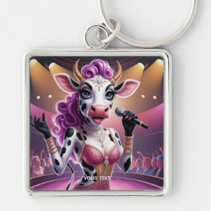 Fantasy Cute Gorgous Cow Popstar Fyrkantig Silverfärgad Nyckelring