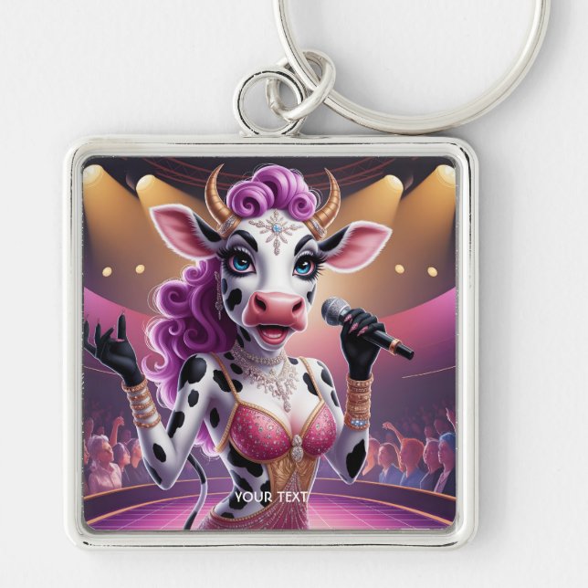 Fantasy Cute Gorgous Cow Popstar Fyrkantig Silverfärgad Nyckelring (Framsidan)