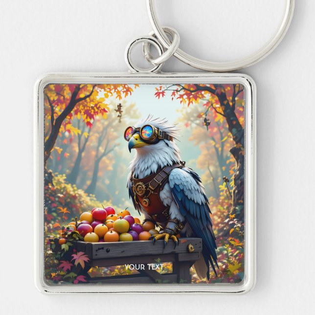 Fantasy Cute Griffin Farmstand Träd Fyrkantig Silverfärgad Nyckelring (Framsidan)