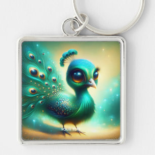 Fantasy Cute Grönt Baby Peacock Fyrkantig Silverfärgad Nyckelring