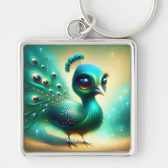 Fantasy Cute Grönt Baby Peacock Fyrkantig Silverfärgad Nyckelring (Framsidan)