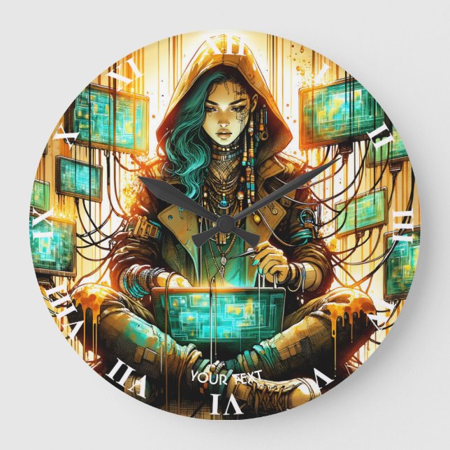 Fantasy Cute Grönt Female Cyber Stor Klocka (Framsida)
