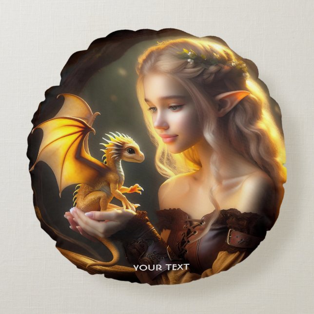 Fantasy Cute Gult Baby Dragon Rund Kudde (Framsidan)