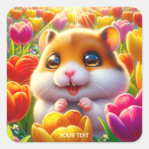 Fantasy Cute Happy Hamster Tulips Fyrkantigt Klistermärke