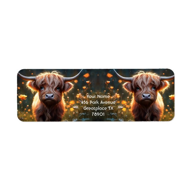 Fantasy Cute Highland Baby Cow Returadress Etikett (Framsidan)