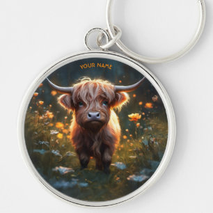 Fantasy Cute Highland Baby Cow Rund Silverfärgad Nyckelring
