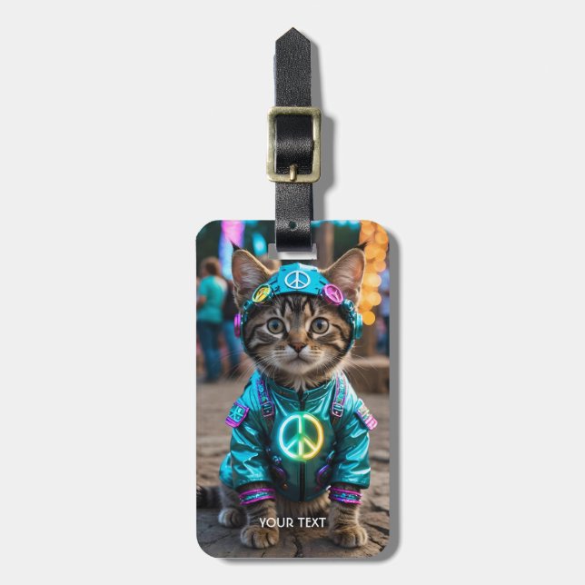 Fantasy Cute Hippie Cat Festival Bagagebricka (Vertikal Framsida)