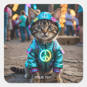 Fantasy Cute Hippie Cat Festival Fyrkantigt Klistermärke