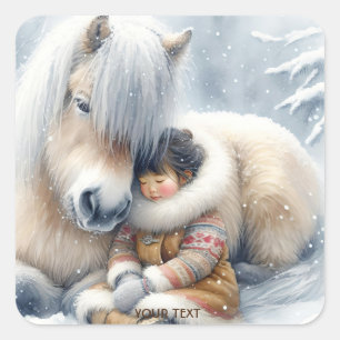 Fantasy Cute Horse Girl Winter Fyrkantigt Klistermärke