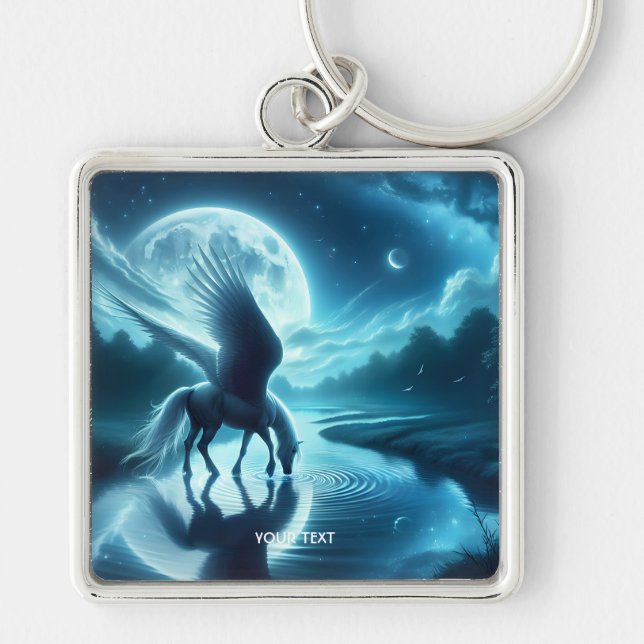 Fantasy Cute Horse Vingar Måne Fyrkantig Silverfärgad Nyckelring (Framsidan)