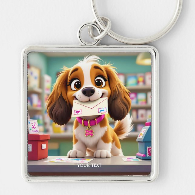 Fantasy Cute Hund Post Brev Fyrkantig Silverfärgad Nyckelring (Framsidan)