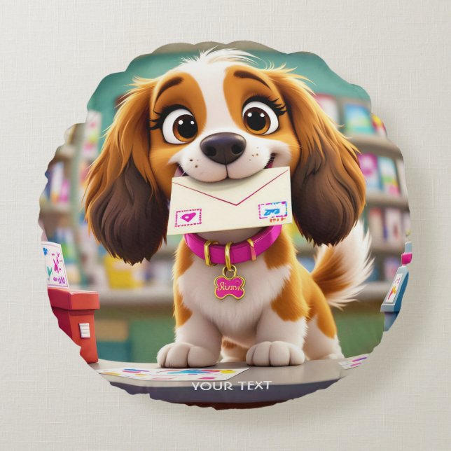 Fantasy Cute Hund Post Brev Rund Kudde (Framsidan)