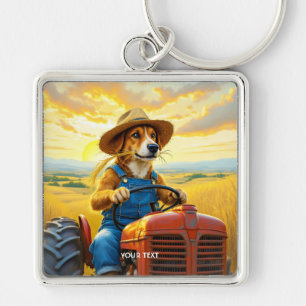 Fantasy Cute Hund Tractor Straw Fyrkantig Silverfärgad Nyckelring