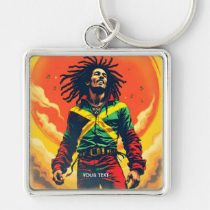 Fantasy Cute Jamaica Flagga Sol Fyrkantig Silverfärgad Nyckelring