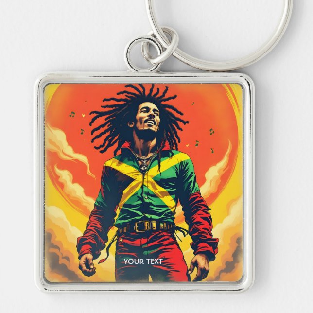 Fantasy Cute Jamaica Flagga Sol Fyrkantig Silverfärgad Nyckelring (Framsidan)