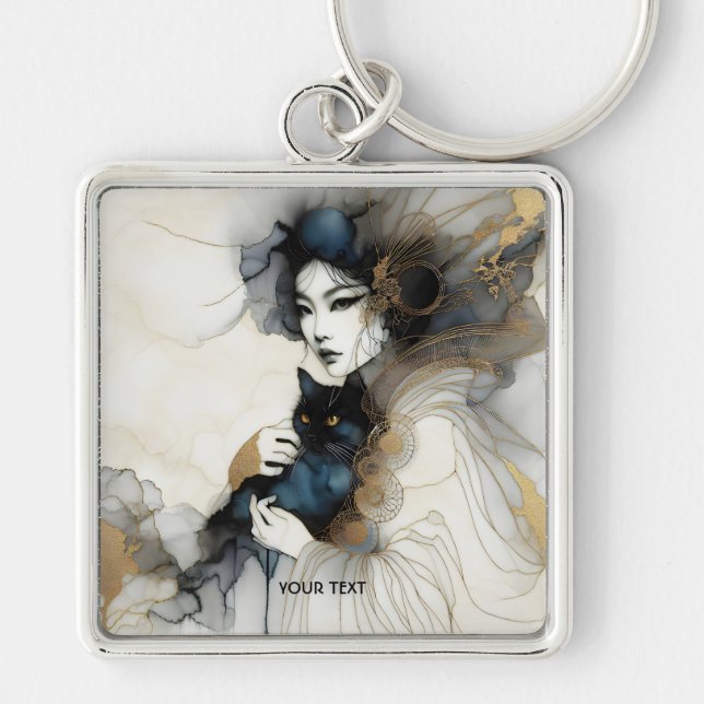 Fantasy Cute Japansk flicka Cat Fyrkantig Silverfärgad Nyckelring (Framsidan)