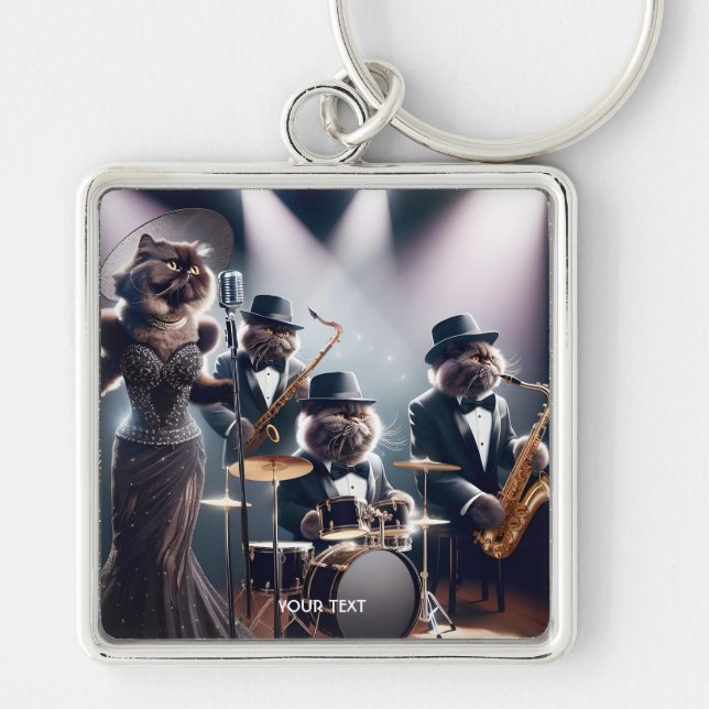 Fantasy Cute Jazz Band Cats Fyrkantig Silverfärgad Nyckelring (Framsidan)