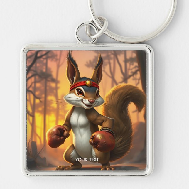 Fantasy Cute Kickboxer Squirrel Forest Fyrkantig Silverfärgad Nyckelring (Framsidan)