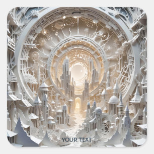 Fantasy Cute Kirigami City White Fyrkantigt Klistermärke