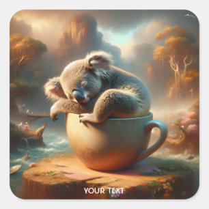 Fantasy Cute Koala Tea Kopp Fyrkantigt Klistermärke