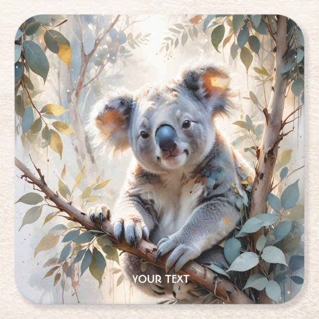 Fantasy Cute Koala Träd Watercolor Underlägg Papper Kvadrat (Framsidan)